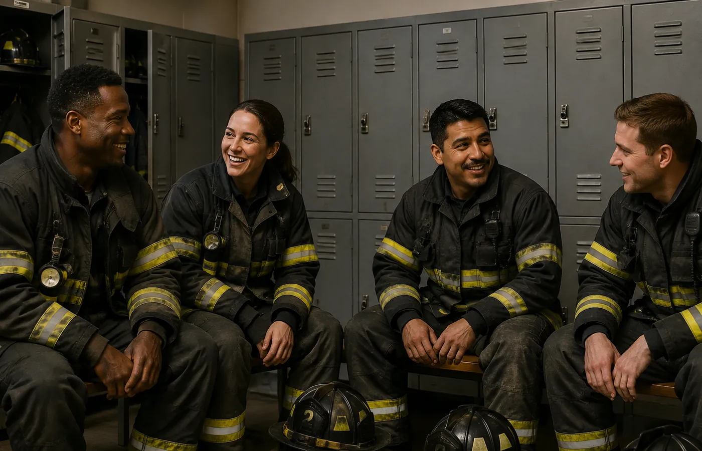 Equipo de emergencia reunido en un vestidor con lockers metálicos