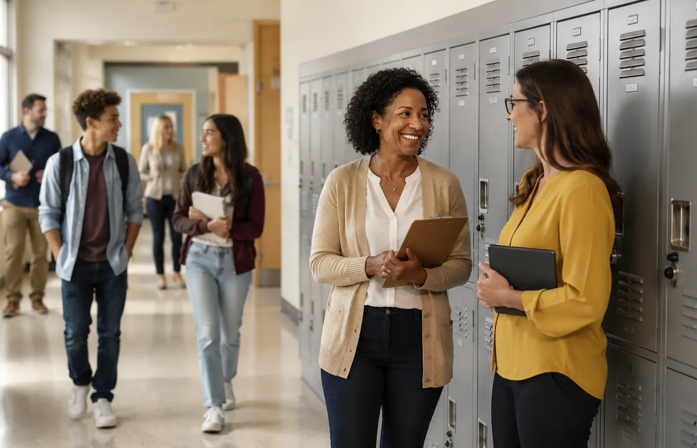 Comunidad educativa junto a lockers metálicos
