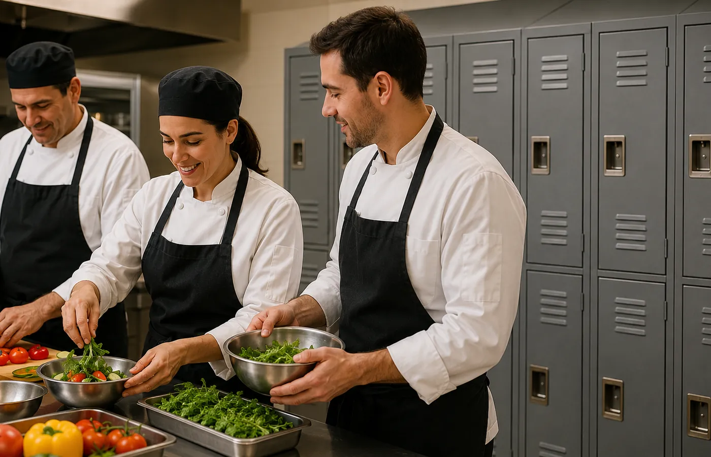 Equipo de gastronomía junto a lockers metálicos