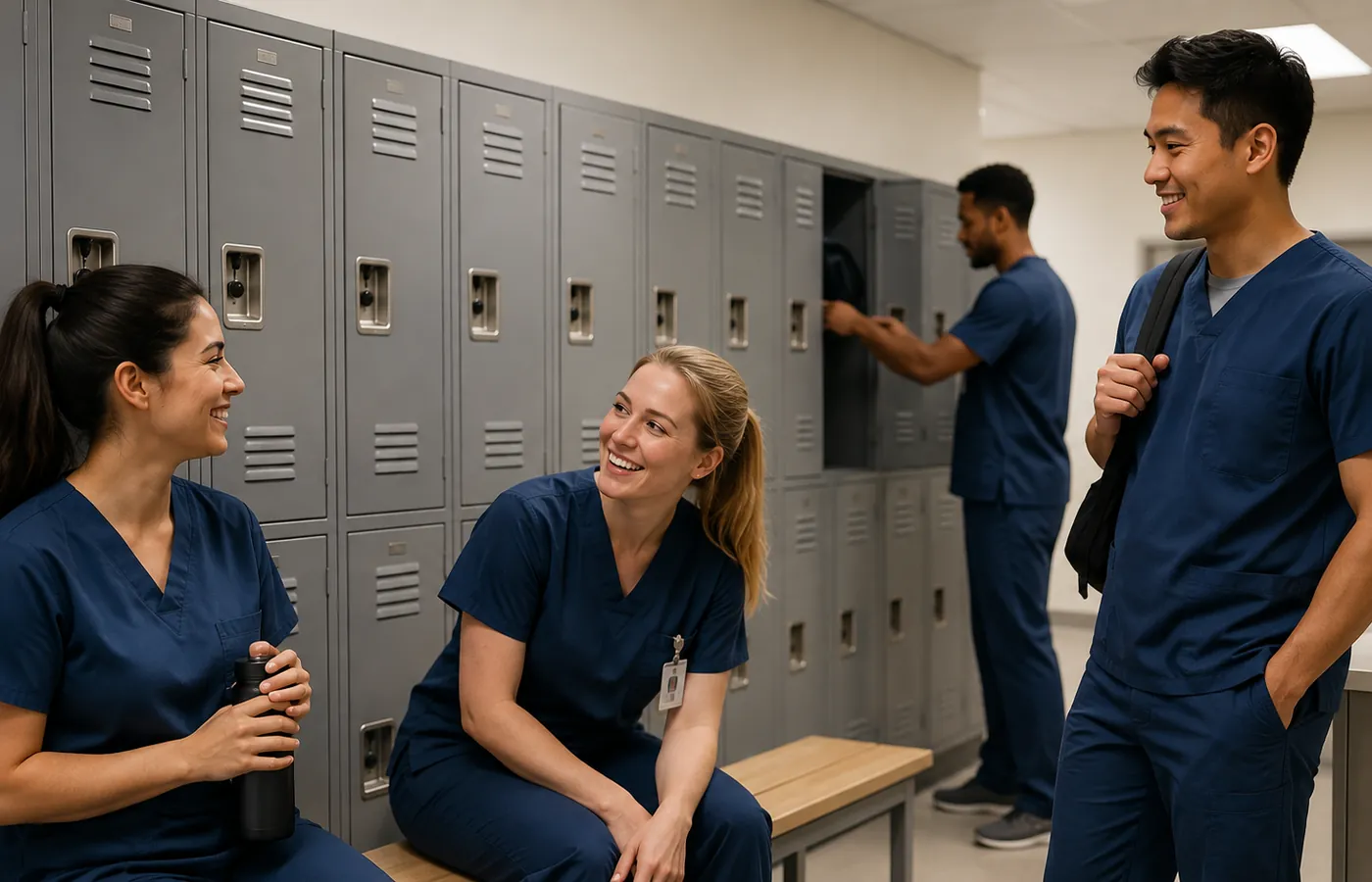 Personal de salud en un vestidor con lockers metálicos